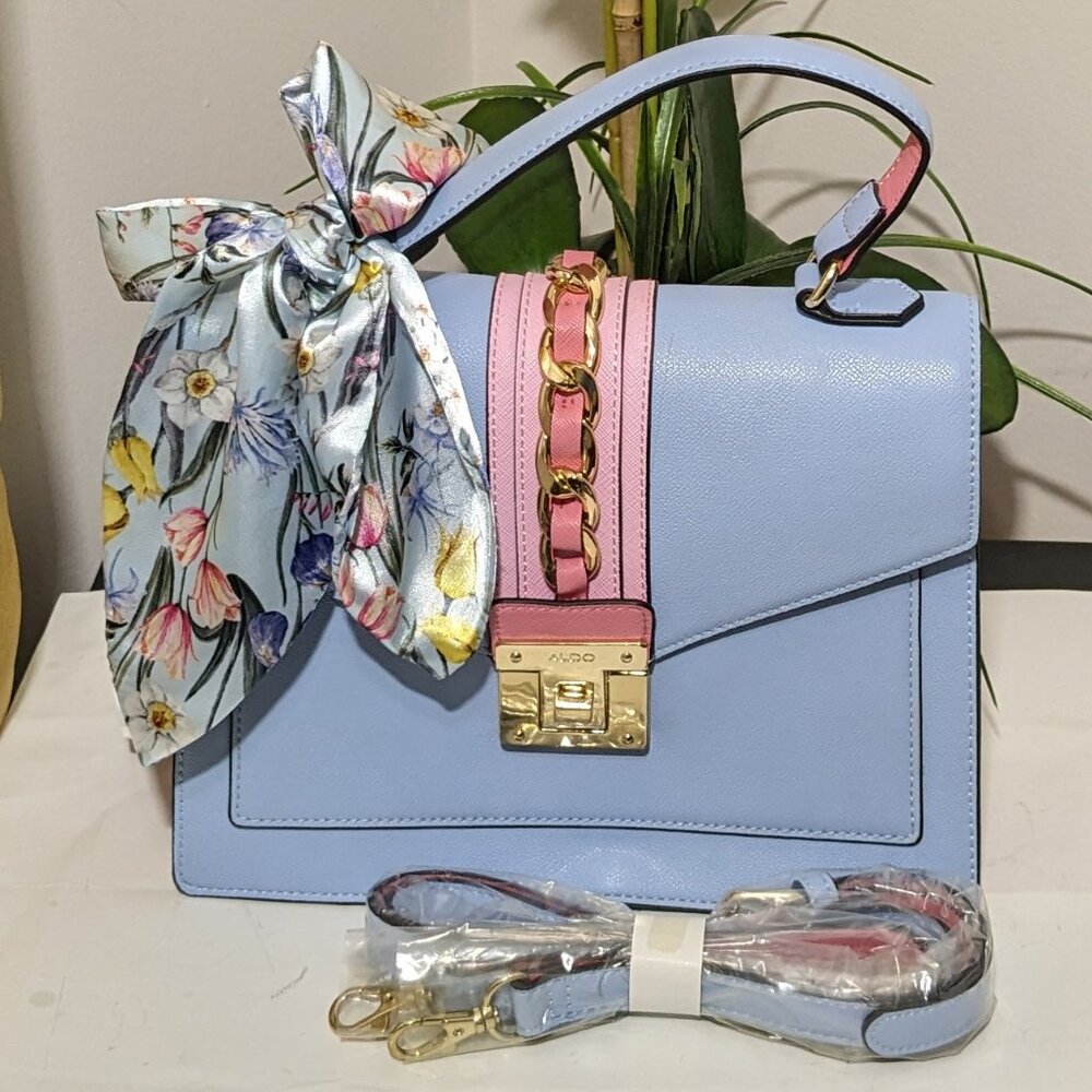 Aldo Powder Blue and Pink Top-Handle Crossbody with Floral Scarf